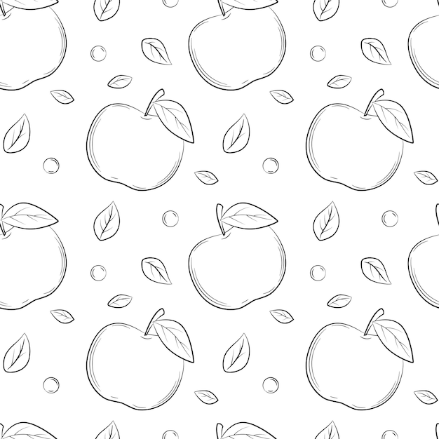 Vettore modello senza cuciture in bianco e nero monocromatico mele disegnate a mano con foglie uno sfondo semplice per il web design, imballaggio del prodotto, tovaglioli, fondali, illustrazione vettoriale su bianco