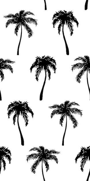 Monochrome black and white tropical palm tree hand drawn sketch seamless pattern texture background vector