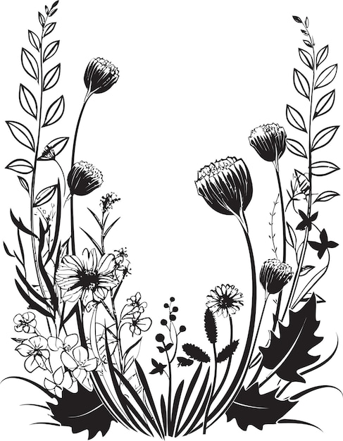 Vettore monochrome blossom border floral vector icon design inky flora perimeter botanical border vector lo