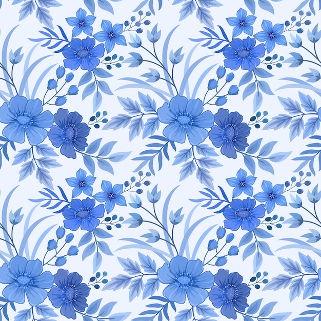 Vector monochrome blue flowers and leaves seamless pattern texture wallpaper background.