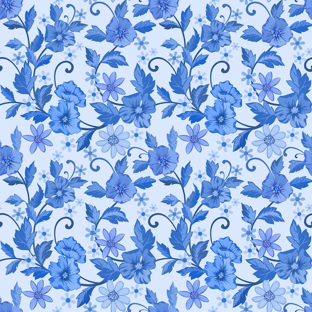 Monochrome blue flowers and leaves seamless pattern  wallpaper background.