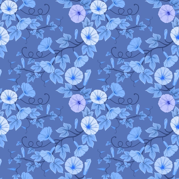 Monochrome blue flowers seamless pattern.