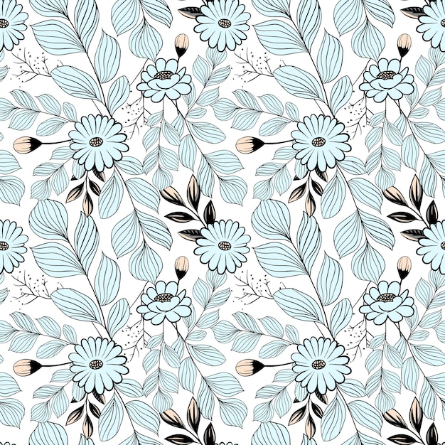 Monochrome botanical pattern Seamless background with daisies Hand drawn outline floral wallpaper