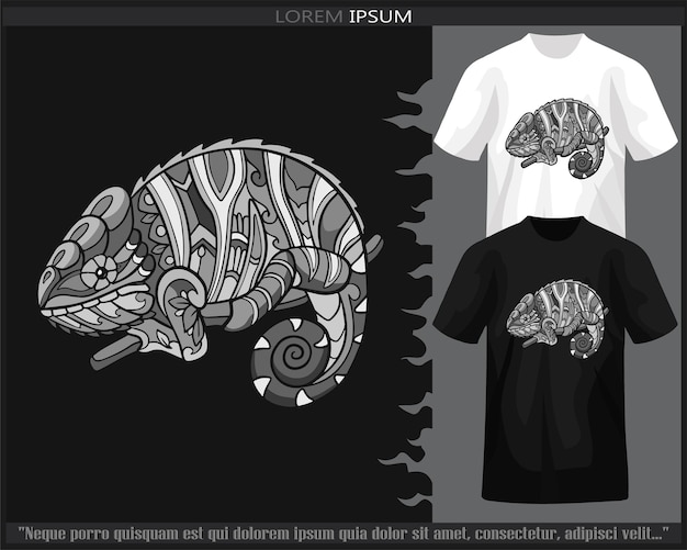 흑백 티셔츠에 고립 된 흑백 카멜레온 만다라 예술