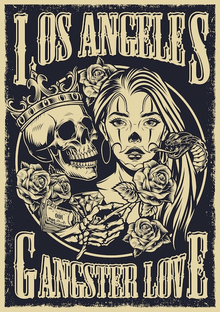 Monochrome chicano tattoo style vintage poster