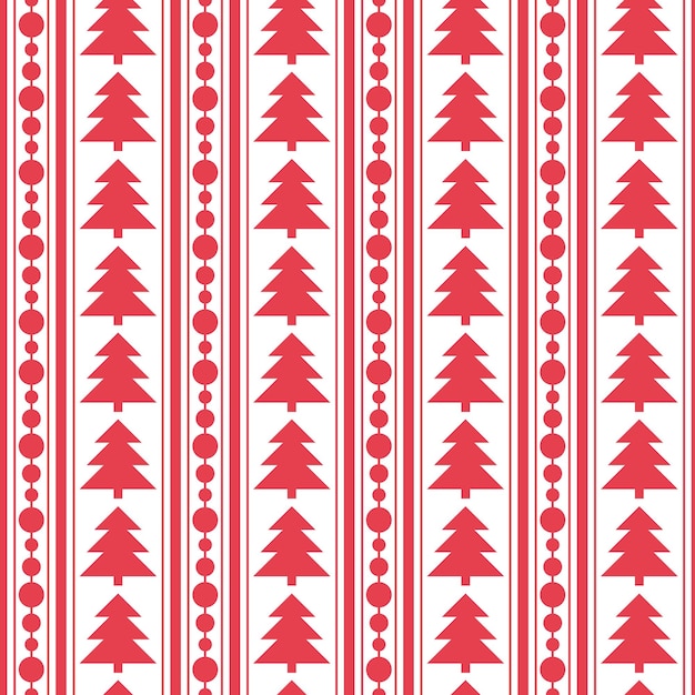 Vector monochrome christmas seamless pattern, red christmas trees and garlands, simple flat illustration