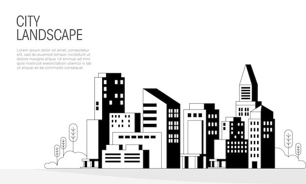 Vector monochrome city landscape vector illustration modern city background and tourism travel banner