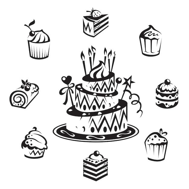 Monochrome collection of cakes and cupcakes