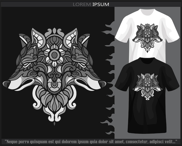 Monochrome color wolf head mandala arts isolated on black and white t shirt