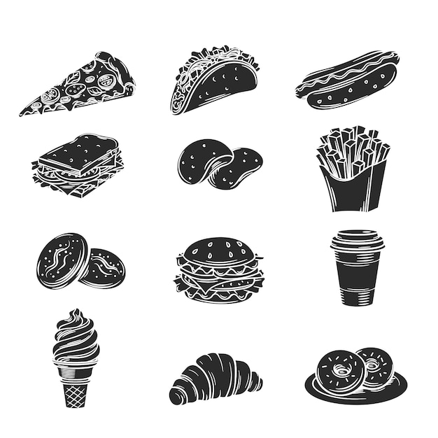  monochrome decorative icons fast food.