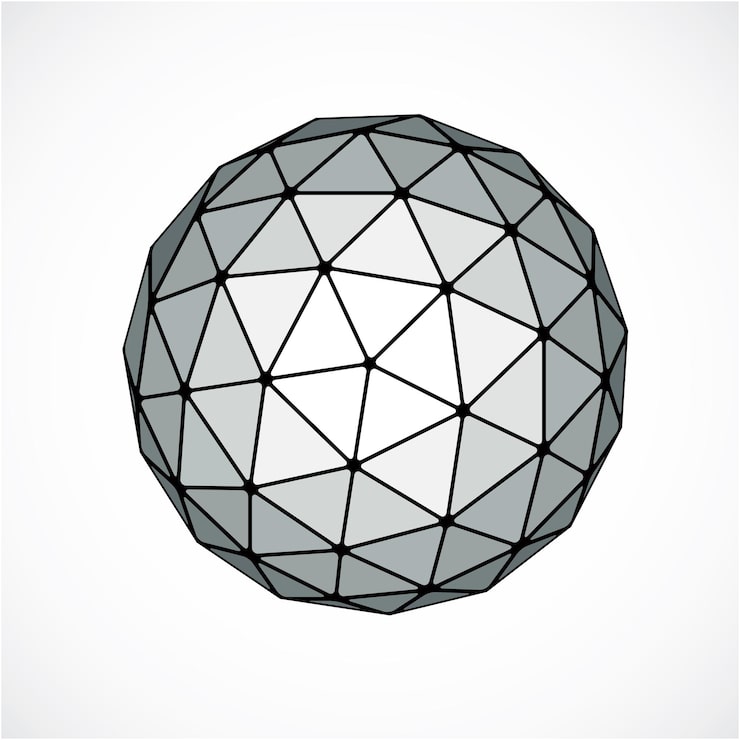 Vector monochrome dimensional vector low poly object, trigonometry shape. technology 3d spherical element made with triangular facets for use as design form in engineering.