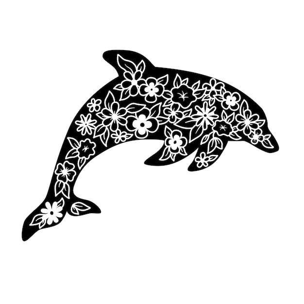 Monochrome dolphin with flowers isolated on white background.