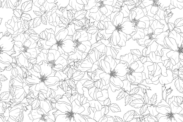 Vector monochrome doodle line art rose flower bouquet repeat seamless pattern