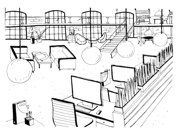 Монохромный рисунок интерьера открытого рабочего пространства с письменными столами, компьютерами, стульями и другой современной мебелью. ручной обращается эскиз рабочей среды или большого офиса. векторная иллюстрация