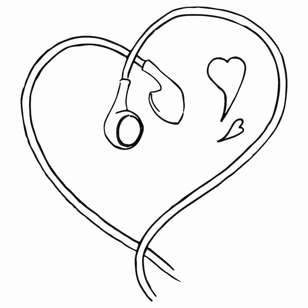 Monochrome earphones heart shaped love music line art isolated vector