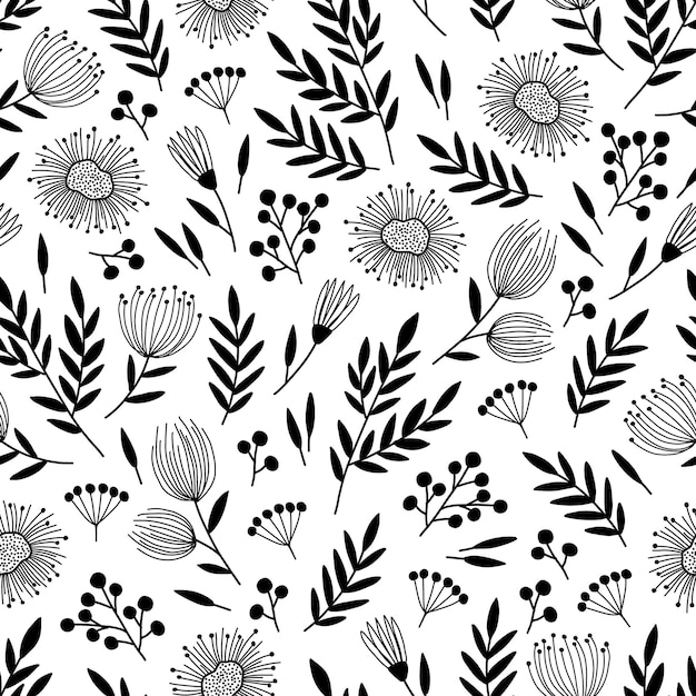 落書きスタイルの花と葉とモノクロの無限のシームレスなパターン