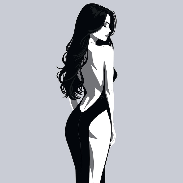 Vector monochrome flat fashion illustration of a young sexy girl in a stylish backless dress with a slit