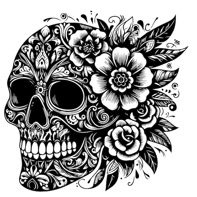 Monochrome Floral Abstract Skull Vector Illustration