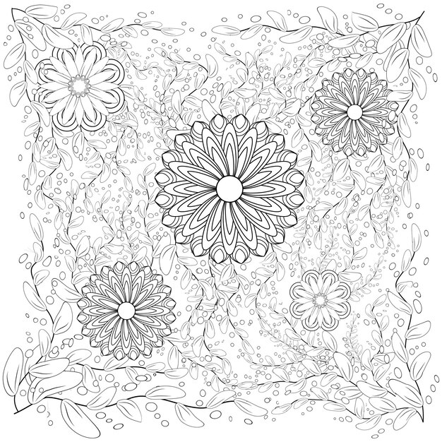 Monochrome Floral Background Hand Drawn Ornament with Floral Wreath Template for Greeting Card