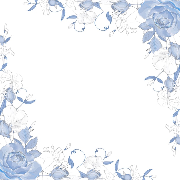 ベクトル 青い花と葉を持つモノクロの花柄