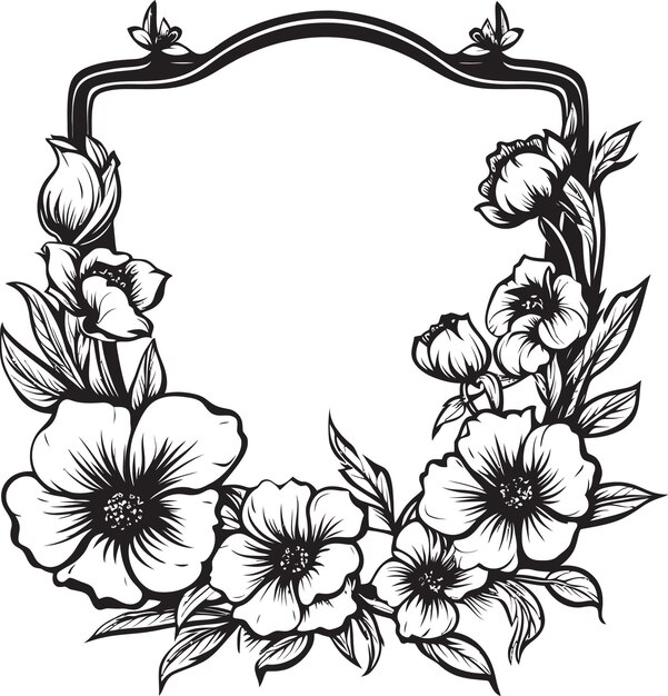 Монохромный цветочный очертание Черная эмблема Сложная ботаническая рама Черный логотип