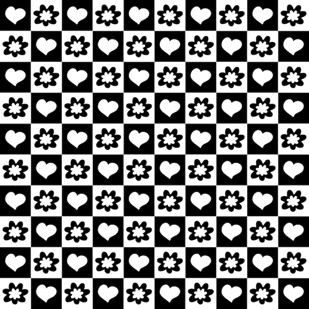 Monochrome flowers and hearts seamless pattern Romantic checkerboard print for fabric paper stationery Doodle vector illustration for decor and design