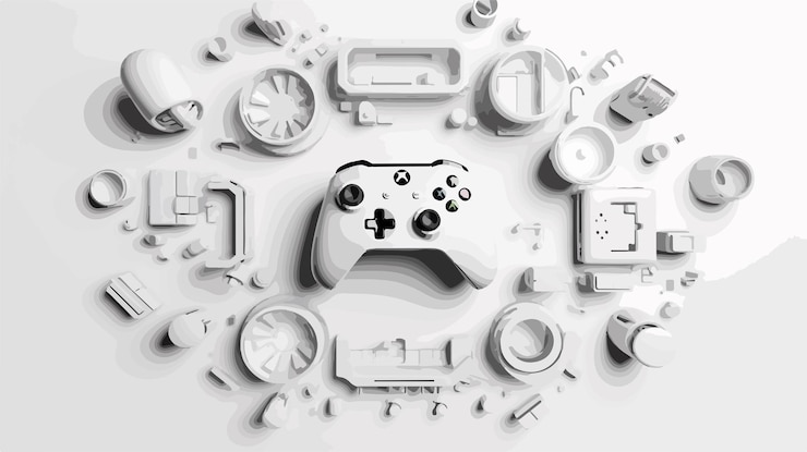 Vector monochrome flying gamer with gears and mouse keyboard