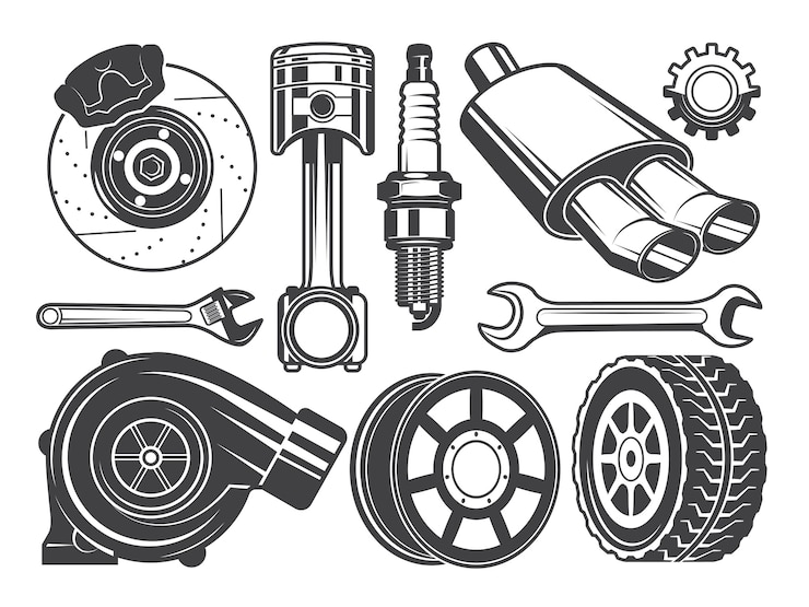 Vector monochrome foto&#39;s van motor, turbocompressor en andere auto-gereedschappen