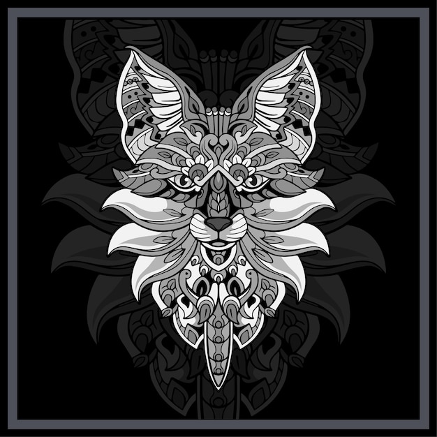 monochrome fox head mandala arts