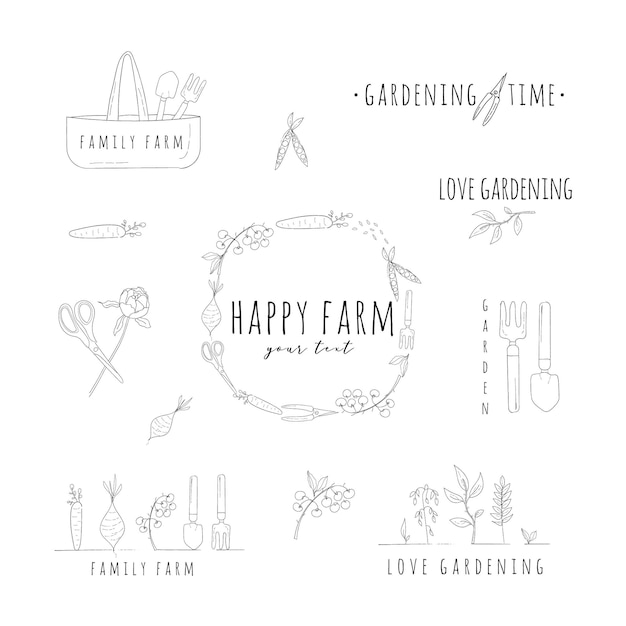 Monochrome hand drawing logo stamp and elements for farming and gardening. Vintage ink vegetables