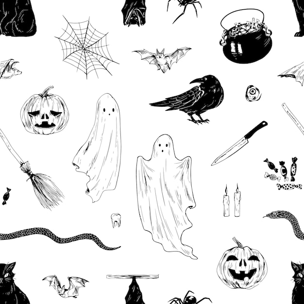 モノクロの手描きのハロウィーンの要素のシームレスなパターン。伝統的な諸聖人の日のシンボルとアクセサリーのベクトル図。秋の季節の休日怖いキャラクター。