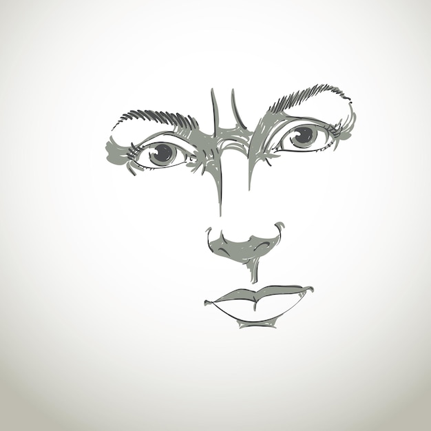 Monochrome hand-drawn portrait of white-skin doubtful woman, face features and emotions theme illustration. Angry lady with wrinkles on her forehead posing on white background.