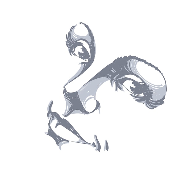 monochrome hand-drawn silhouette of woman face, delicate features. face expression on lady face, vector illustration.
