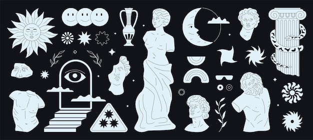 Monochrome hand drawn trendy figures and aesthetic greek statues