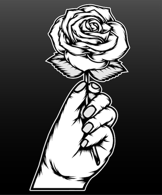 Monochrome hand holding rose isolated on black