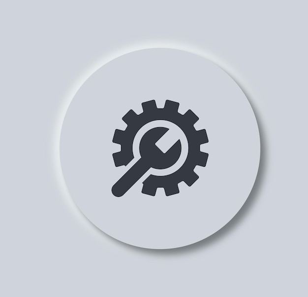 Vector monochrome icon button in neumorphism style isolated black gears with wrench vector illustration