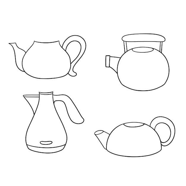 Monochrome Icon set kettle for boiling water and brewing tea vector cartoon