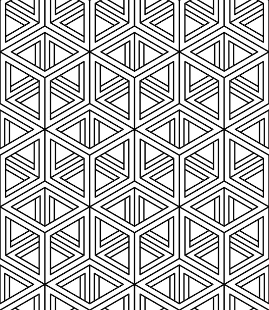 Vector monochrome illusory abstract geometric seamless pattern with 3d geometric figures. vector black and white striped backdrop.