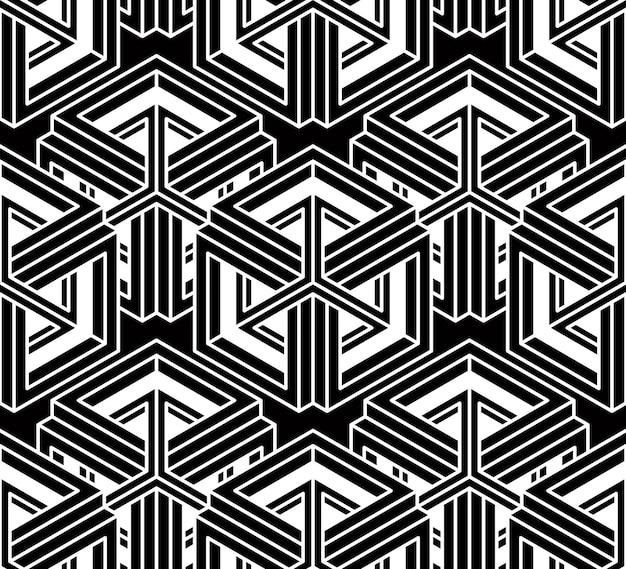 Monochrome illusory abstract geometric seamless pattern with 3d geometric figures. vector black and white striped backdrop.