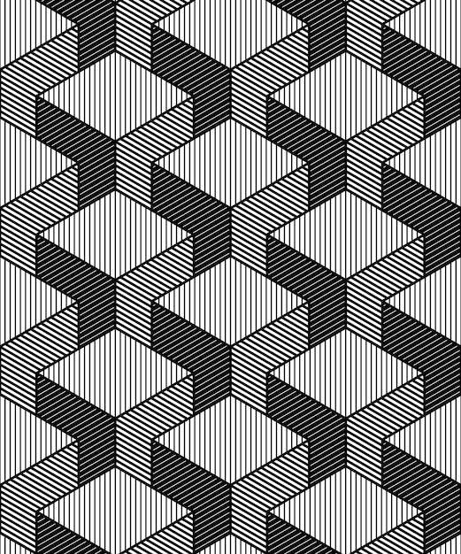 Monochrome illusory abstract geometric seamless pattern with 3d geometric figures. Vector black and white striped backdrop.