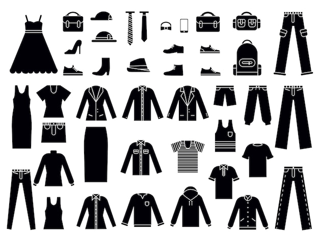 Vector monochrome illustrations of clothes for male and female.