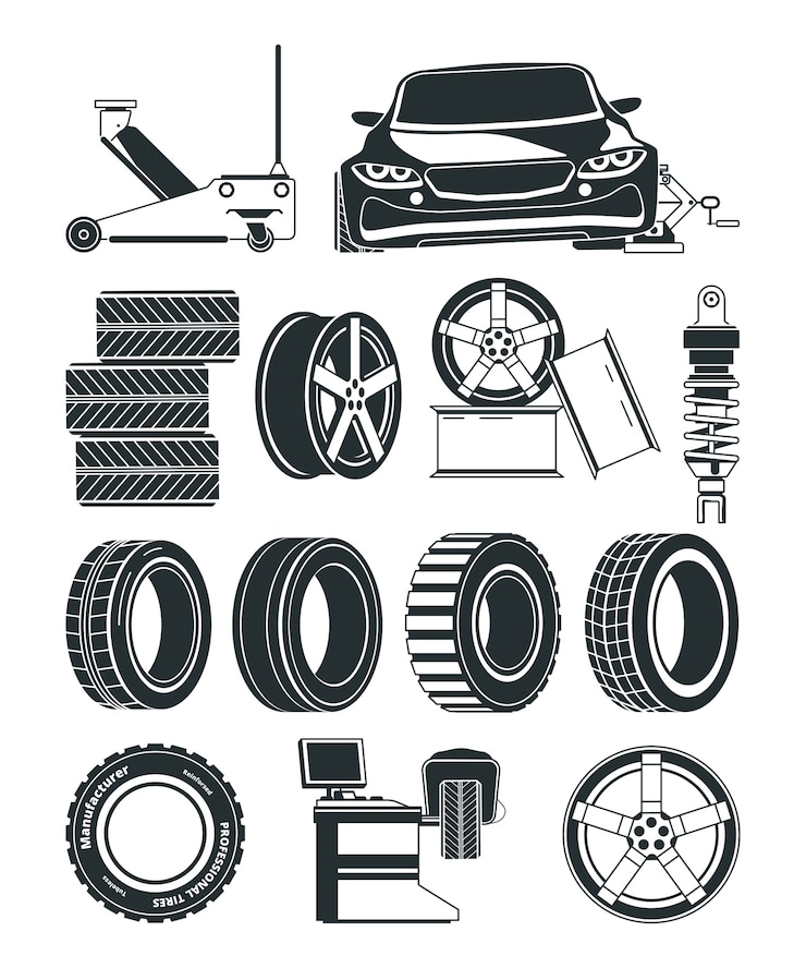 Vector monochrome illustrations of tires service symbols, wheels and cars. auto service repair tire, station vulcanization 