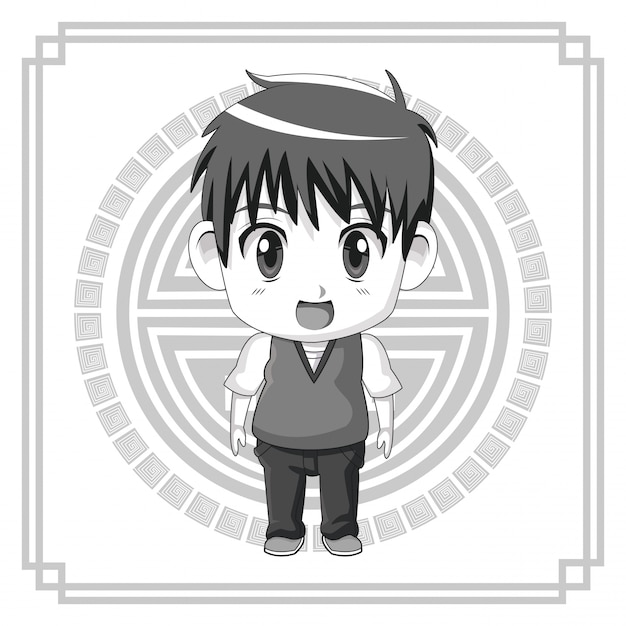 Monochrome japanese symbol with silhouette cute anime teenager expression surprise