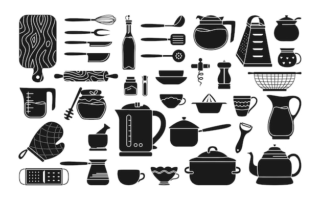 Vector monochrome kitchen utensils collection