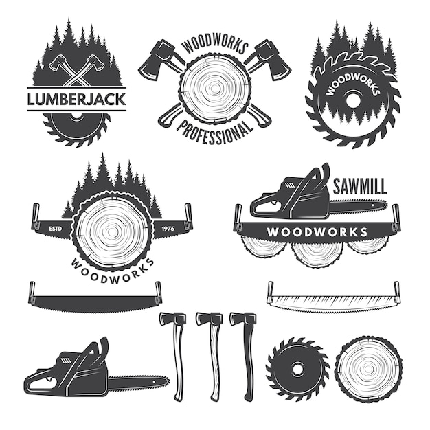 Monochrome labels set with lumberjack and pictures for wood industry