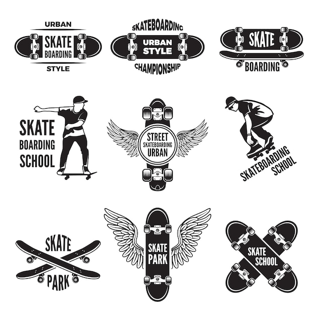 Vector monochrome labels of skaters. pictures of skateboarding