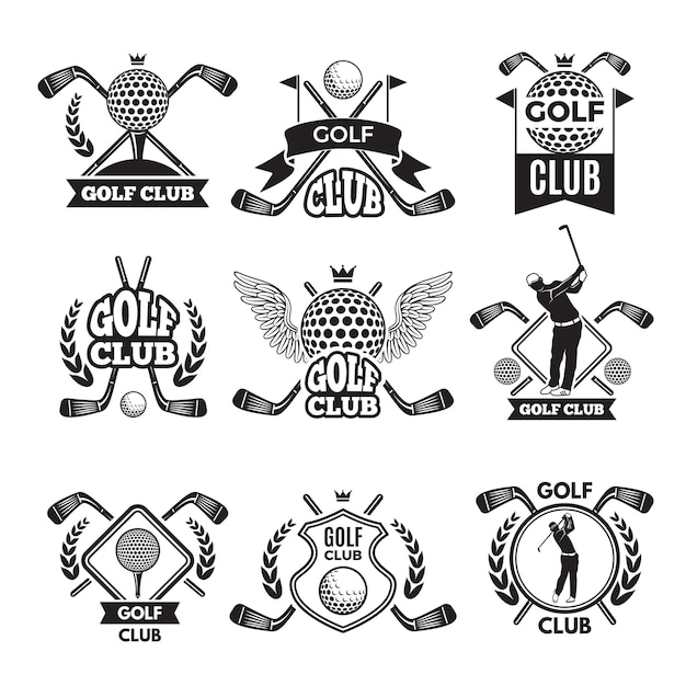 Monochrome labels voor golfclub. Illustratie voor sporttoernooi of competitie. Golfclub embleem en badge-collectie