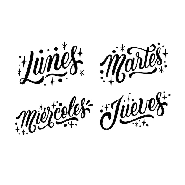 Monochrome letters dag van de week stickers collectie in het Spaans