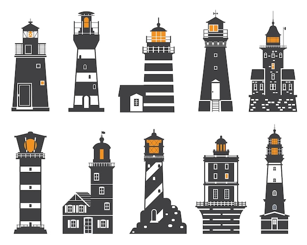 Monochrome lighthouse set Different sea guiding light houses buildings in outline style