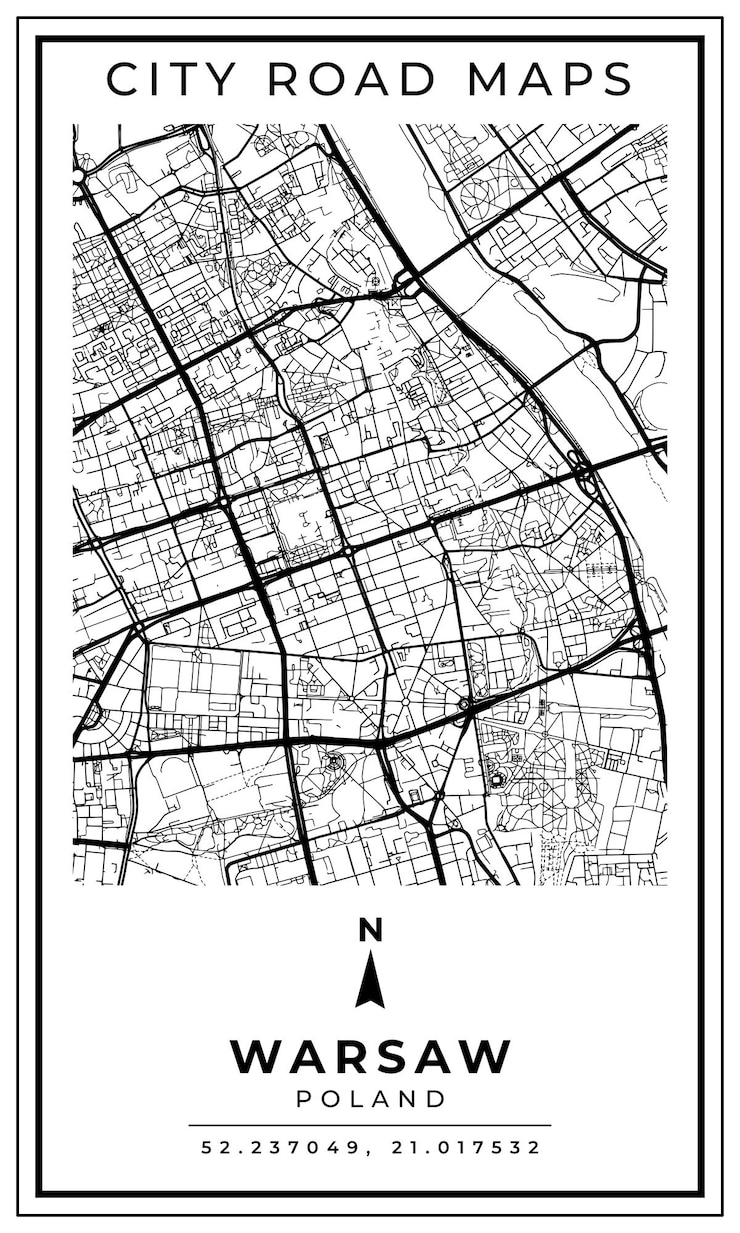 Vector monochrome line art map of warsaw capital city of poland illustration and home decoration